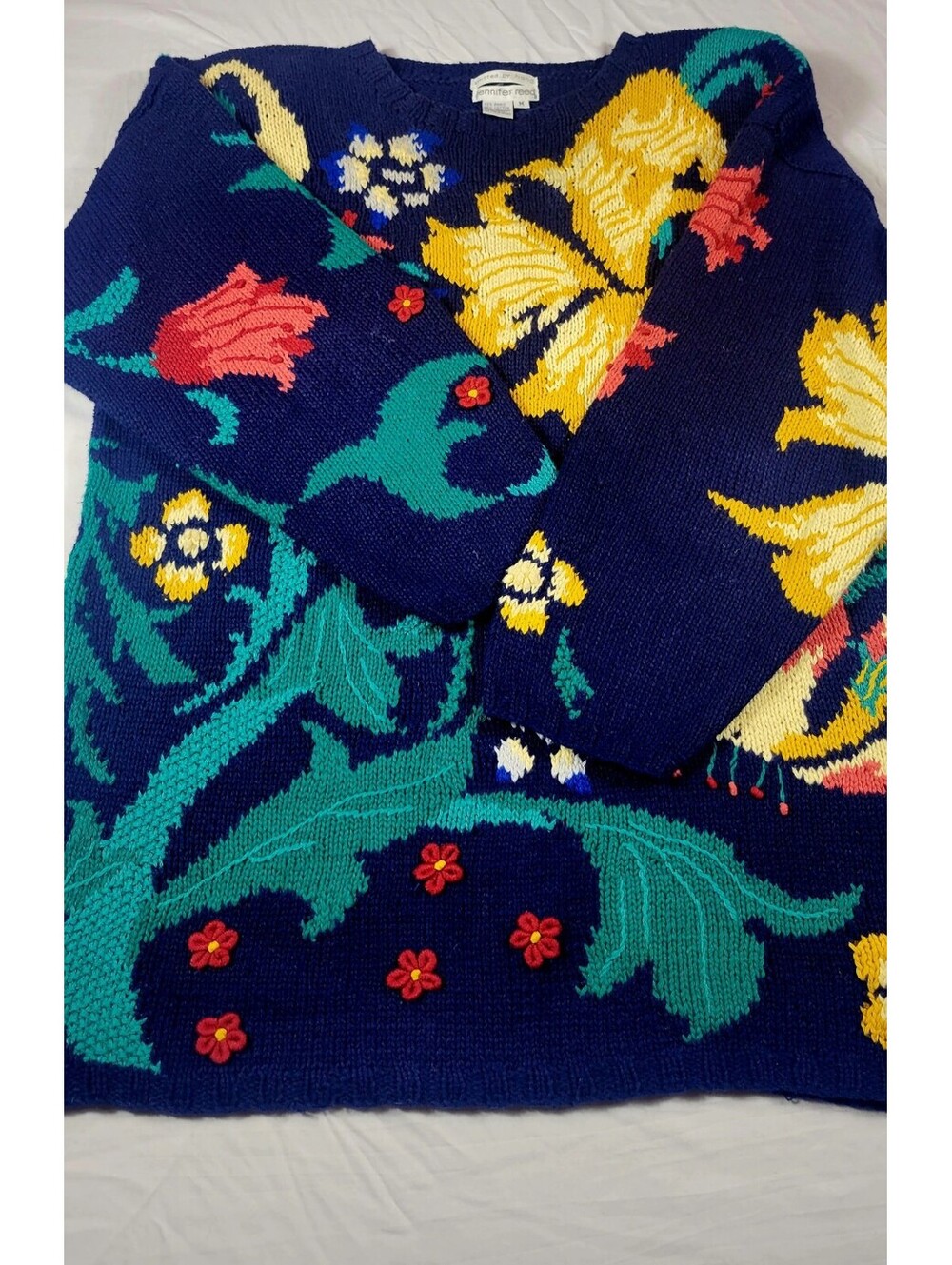 Vintage 80s Jennifer Reed Knitted by Hand Floral Novelty Sweater Women's M